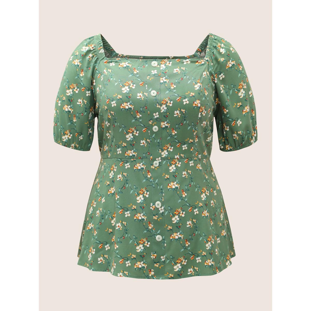Plus Size Green Square Neck Ditsy Floral Gathered Blouse Women Elegant Short sleeve Square Neck Everyday Blouses BloomChic 12/L Product Image