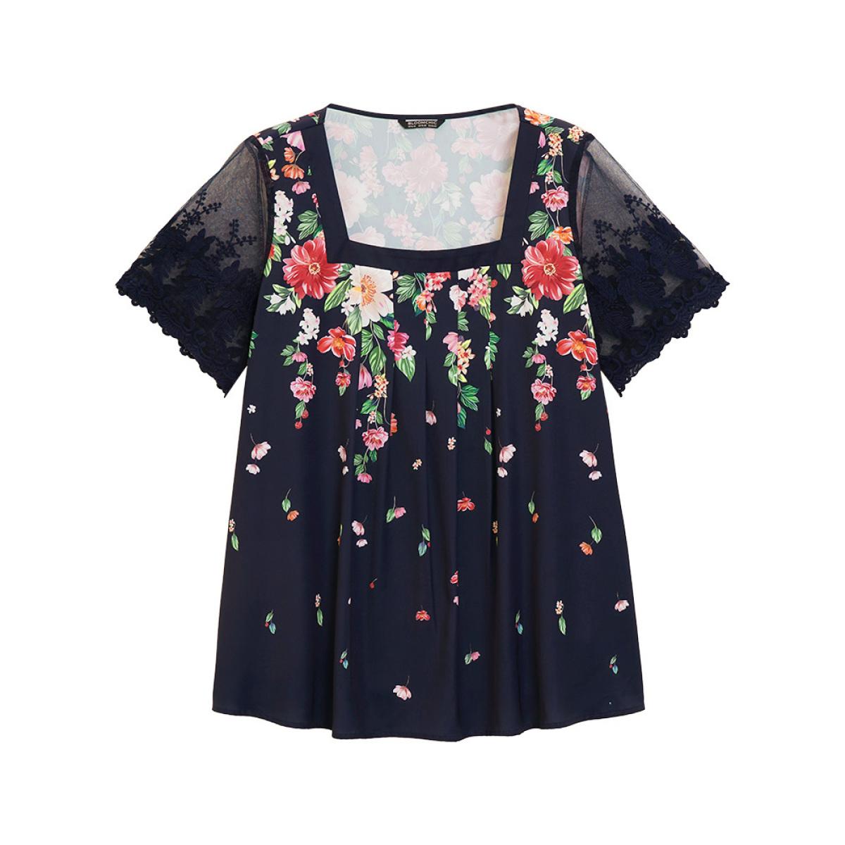 Plus Size Indigo Floral Pleated Mesh Lace Sleeve Square Neck Blouse Women Vacation Short sleeve Square Neck Dailywear Blouses BloomChic 26/4X Product Image