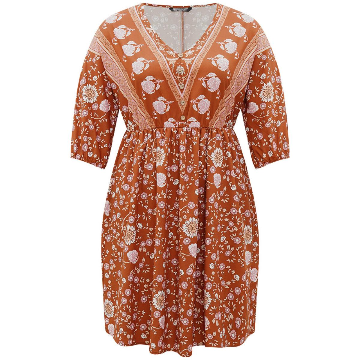 Plus Size Floral Print Elastic Cuffs Button Detail Dress Rust Women Vacation Elastic cuffs V-neck Half Sleeve Curvy Midi Dress BloomChic 30/6X Product Image