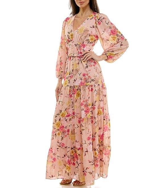 Moda Tara V-Neck Long Sleeve Floral Print A-Line Maxi Dress Product Image
