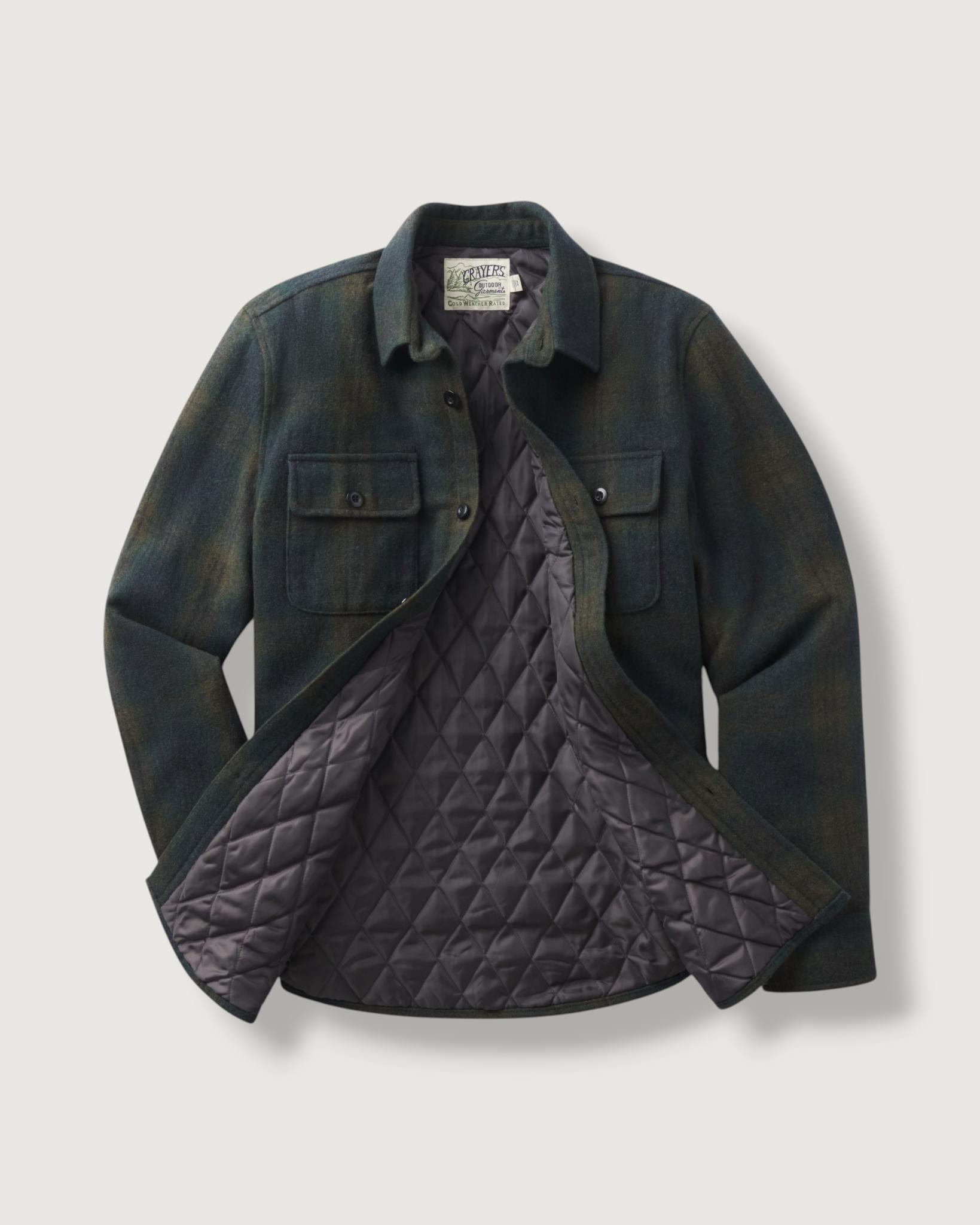 Retro Wool Padded Shirt Jacket - Olive Plaid Product Image