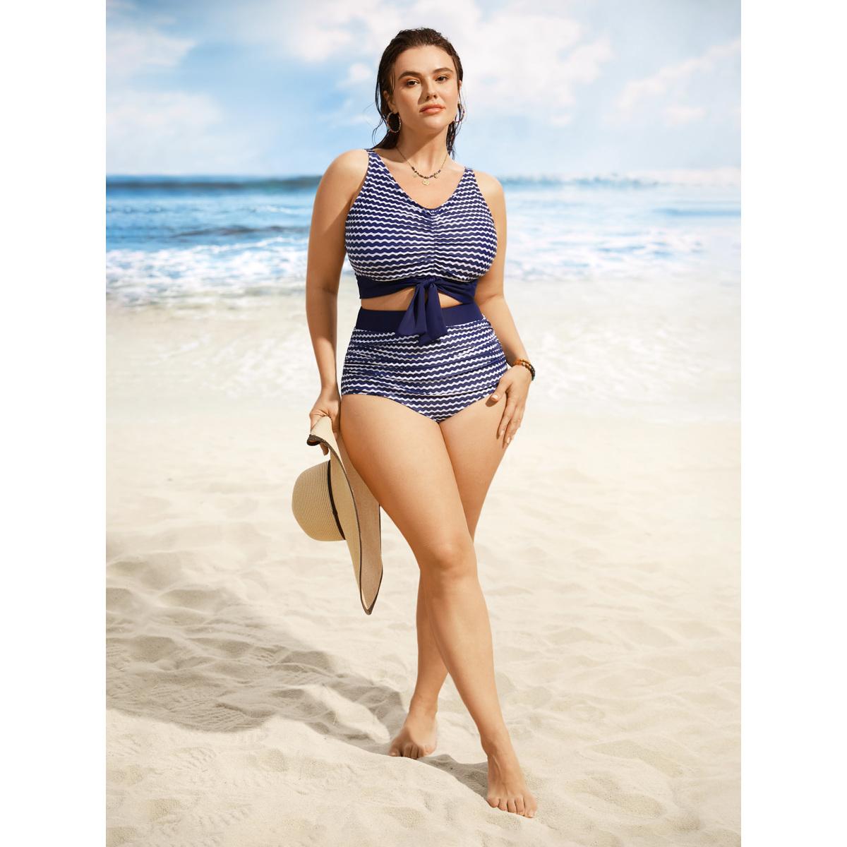 Plus Size Striped Print High Rise Ruched Swim Bottom Women's Swimwear Navy Beach Gathered High stretch Skinny High Rise Curve Swim Bottoms BloomChic 10/M Product Image