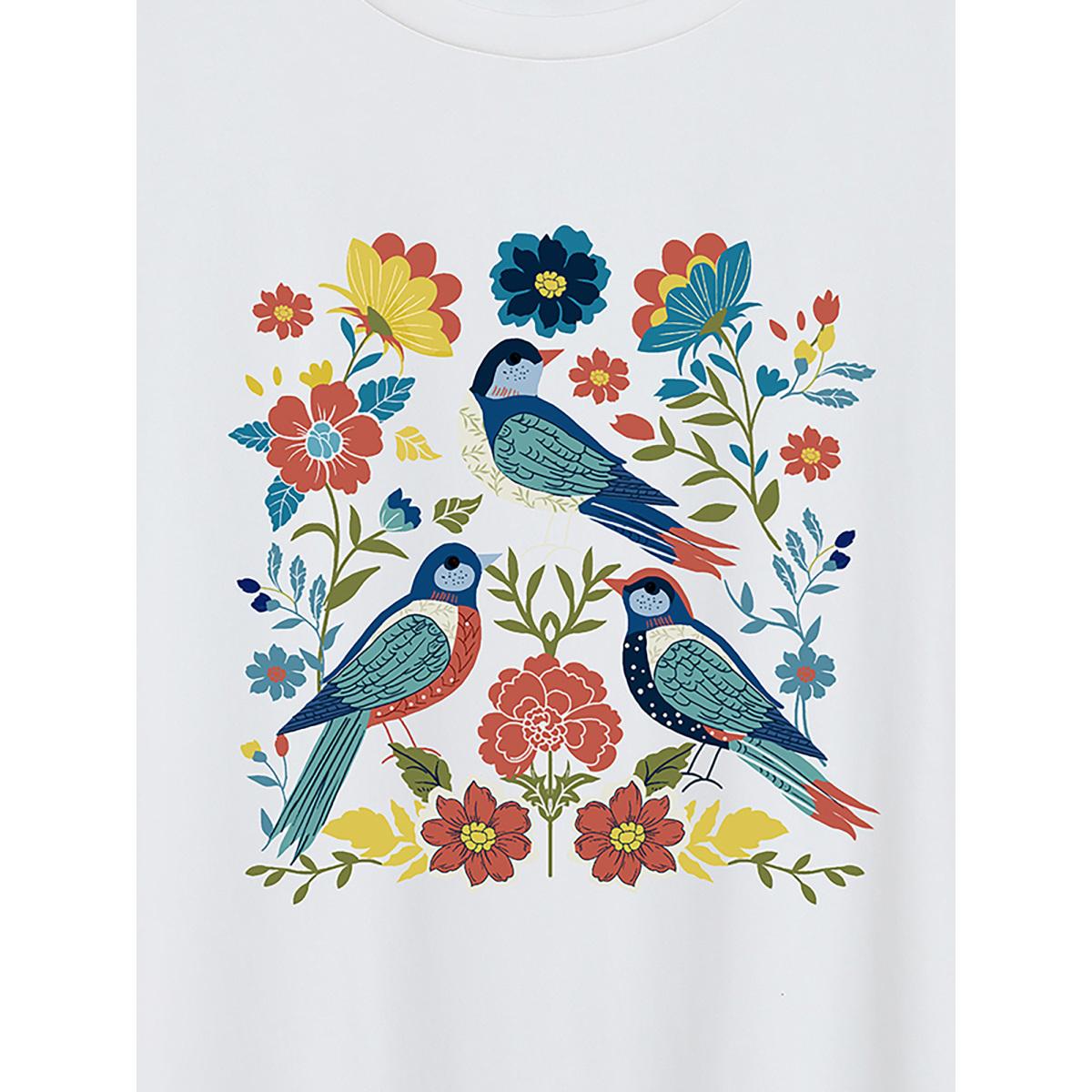 Plus Size Little Birdie Print Round Neck T-Shirt Originalwhite Women Non Natural Flowers Round Neck Everyday-Casual T-shirts BloomChic 10/M Product Image