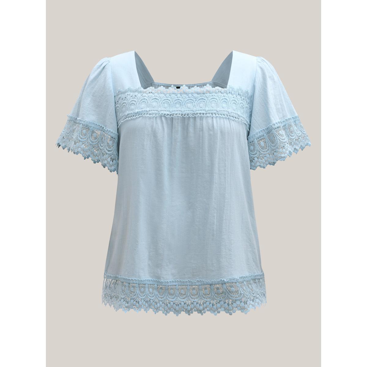 Plus Size LightBlue Lace Trim Spliced Solid Blouse Women Romantic Short sleeve Square Neck Elegant Blouses BloomChic 18-20/2X Product Image