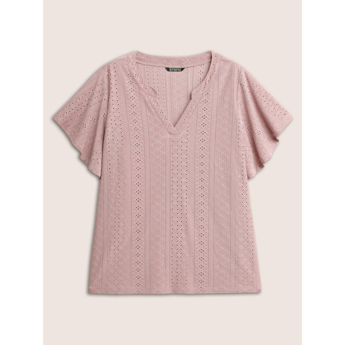 Plus Size Plisse Flat Collar With V Notch Ruffle Sleeve T-shirt DustyPink Women Elegant Flat collar with V-notch Everyday T-shirts BloomChic 26/4X Product Image