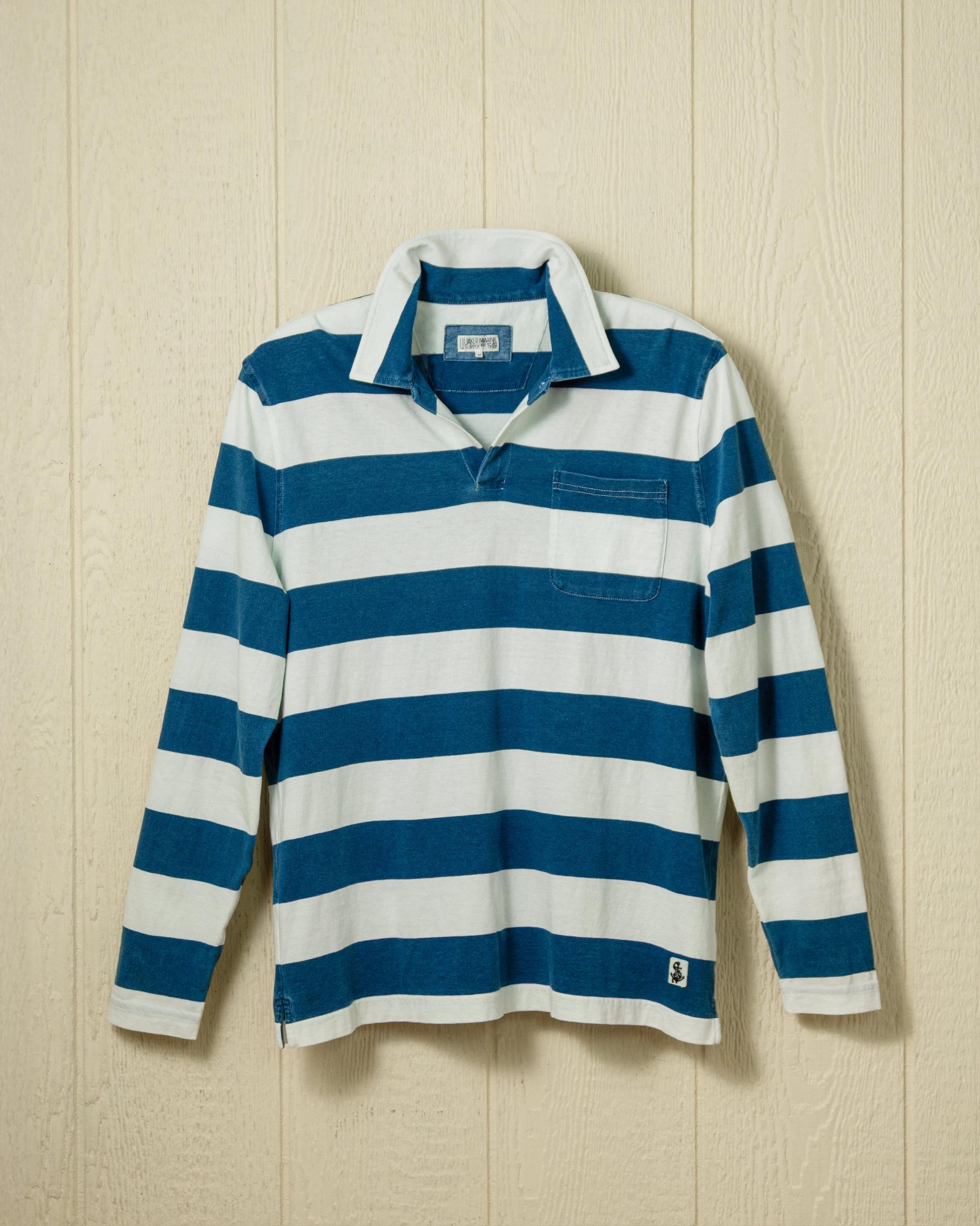 Long Sleeve Indigo Polo in Blue/White Rugby Stripe Product Image