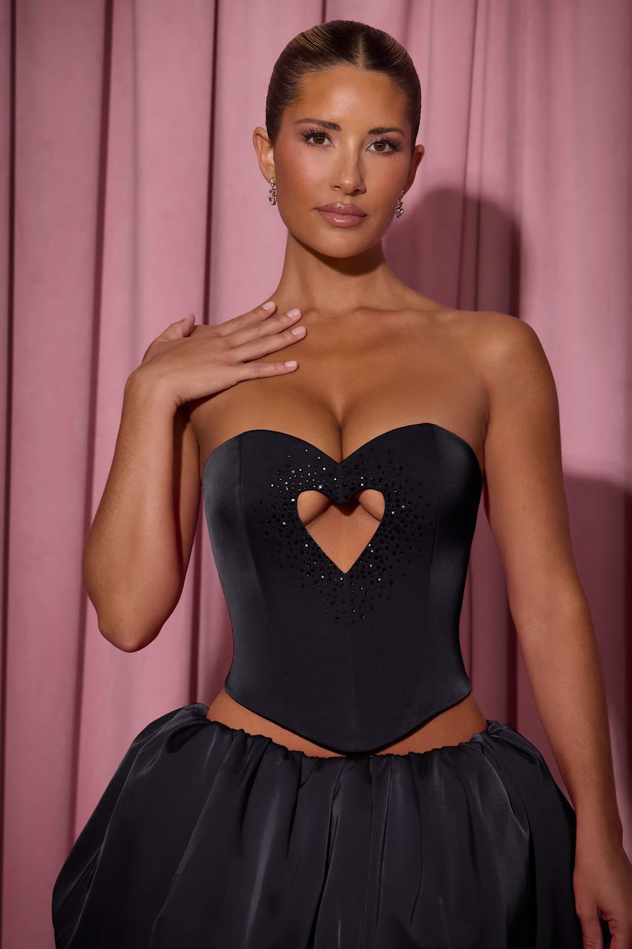 Embellished Heart Cut-Out Strapless Corset Top in Black Product Image