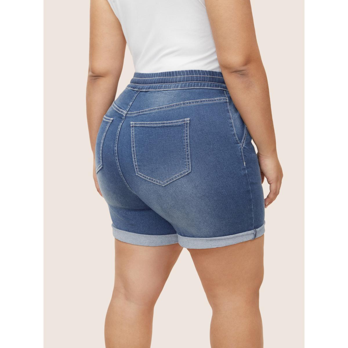 Plus Size Roll Hem Elastic Waist Drawstring Denim Shorts Women Denimlightblue Drawstring High stretch Everyday Slanted pocket Casual Denim Shorts BloomChic 20/2X Product Image