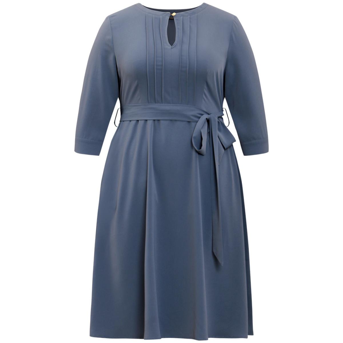 Plus Size Anti-Wrinkle Solid Belted Pleated Keyhole Dress Stone Women Office Plain Keyhole Cut-Out Elbow-length sleeve Curvy Midi Dress BloomChic 10/M Product Image