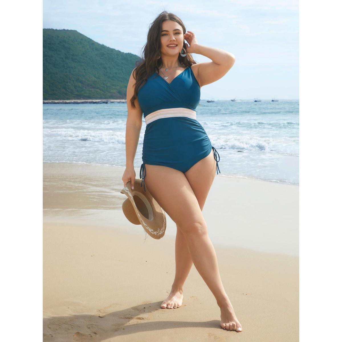 Plus Size Contrast Webbing Drawstring Gathered One-Piece Swimsuit Women's Swimwear Teal Beach Woven ribbon&lace trim Curve Bathing Suits High stretch One Pieces BloomChic 14-16/1X Product Image