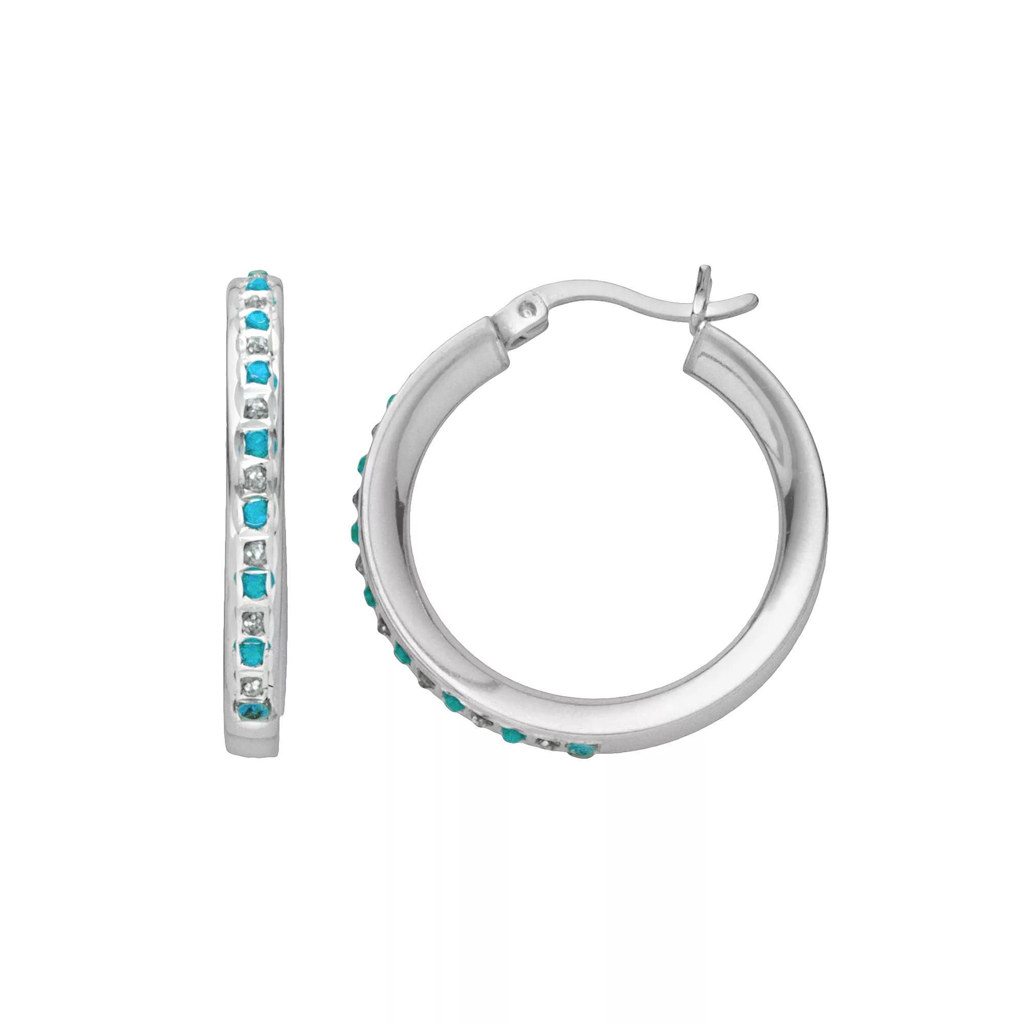 Platinum Over Silver Blue Topaz and Diamond Accent Hoop Earrings, Women's, White Product Image
