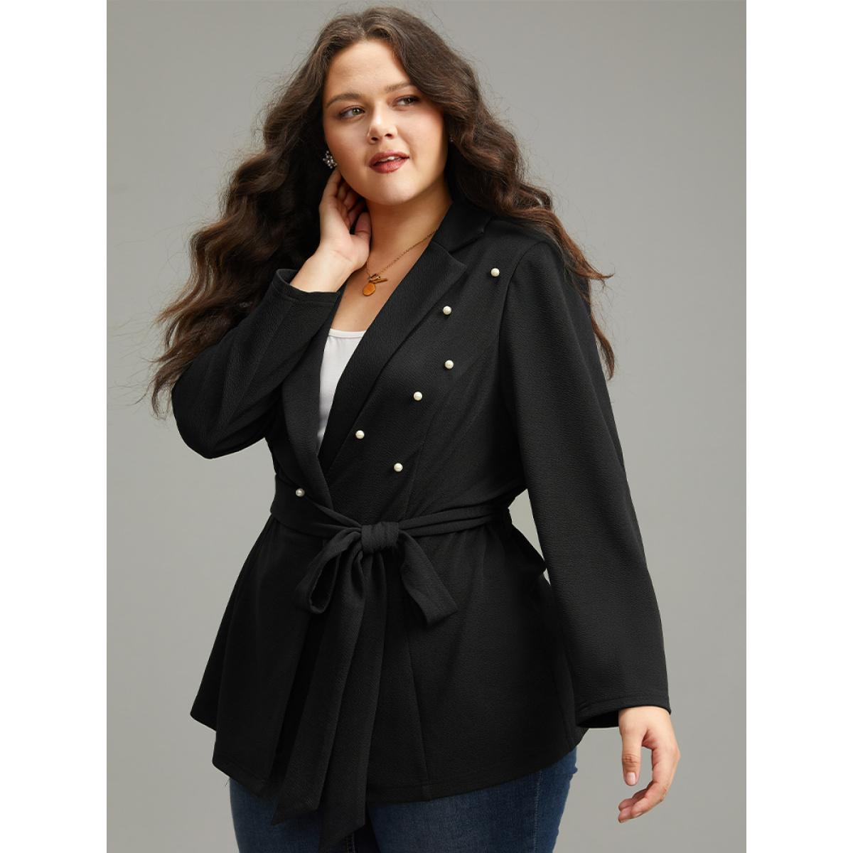Plus Size Pearl Beaded Belted Blazer Black Women Dailywear Plain Beaded Sleeve Long Sleeve Suit Collar 22-24/3X Belt Elegant Blazers BloomChic Product Image