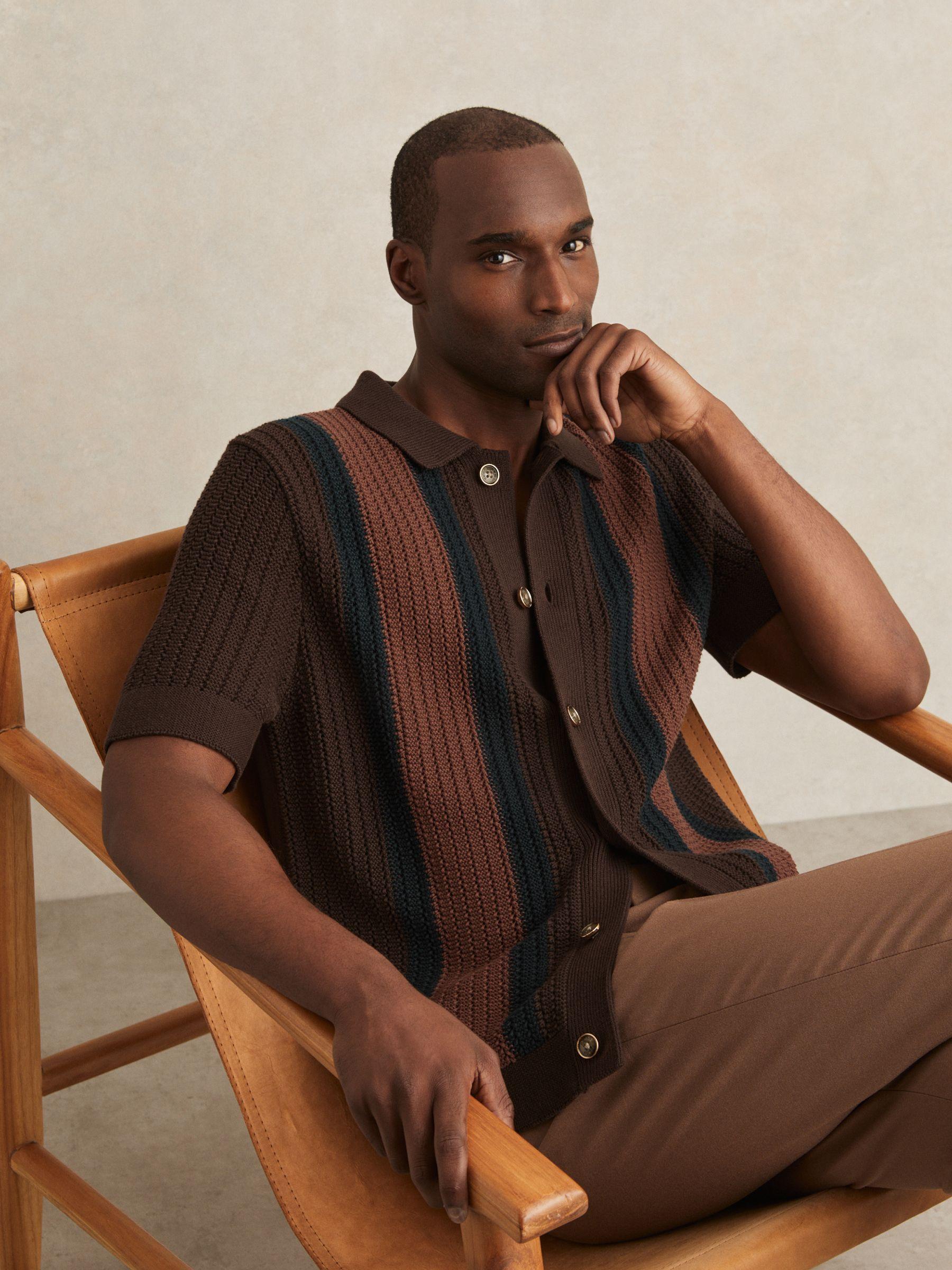 Cotton Textured-Knit Stripe Shirt in Brown Multi Product Image