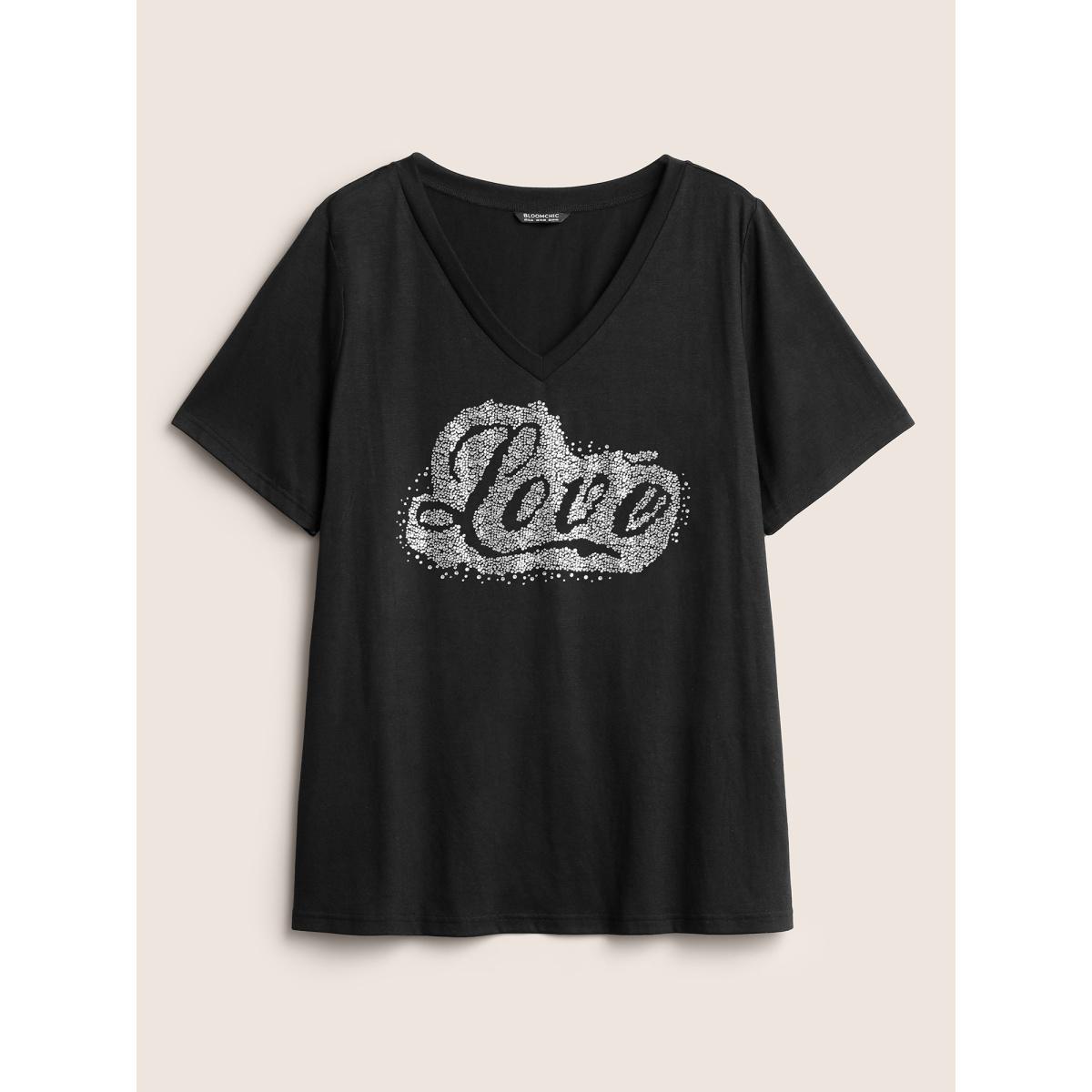 Plus Size Love Rhinestone V Neck T-shirt Black Women Casual Rhinestone detailing Art&design Everyday T-shirts BloomChic 12/L Product Image