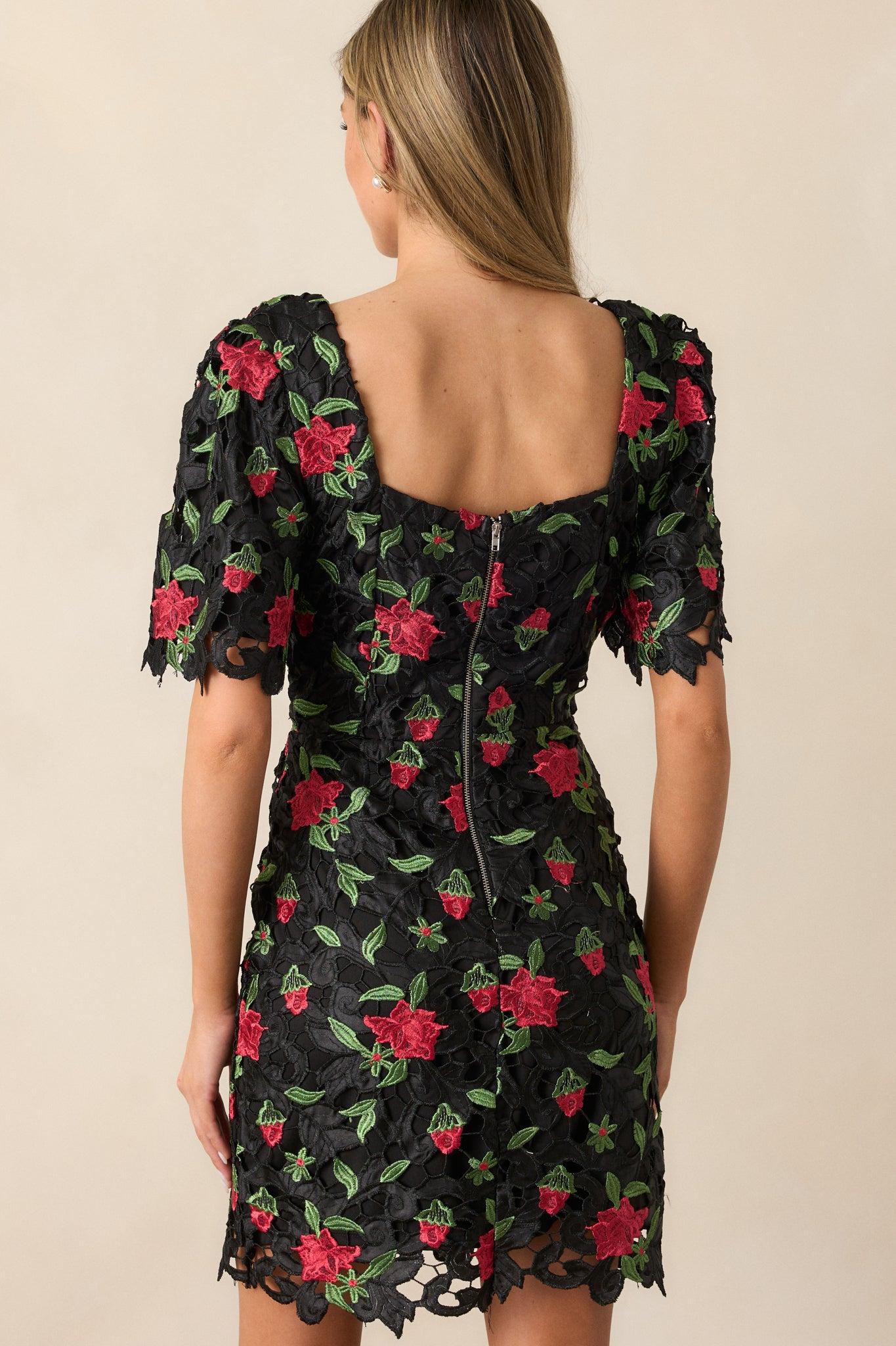 Rosebud Dreams Black Lace Embroidered Mini Dress Product Image