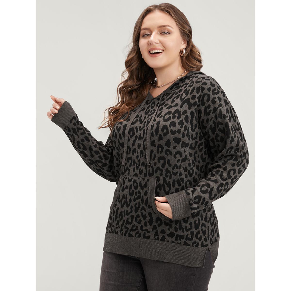 Plus Size Leopard Contrast Pointelle Knit Pocket Drawstring Hooded Knit Top DimGray Women Casual Long Sleeve Hooded Dailywear Pullovers BloomChic 28/5X Product Image