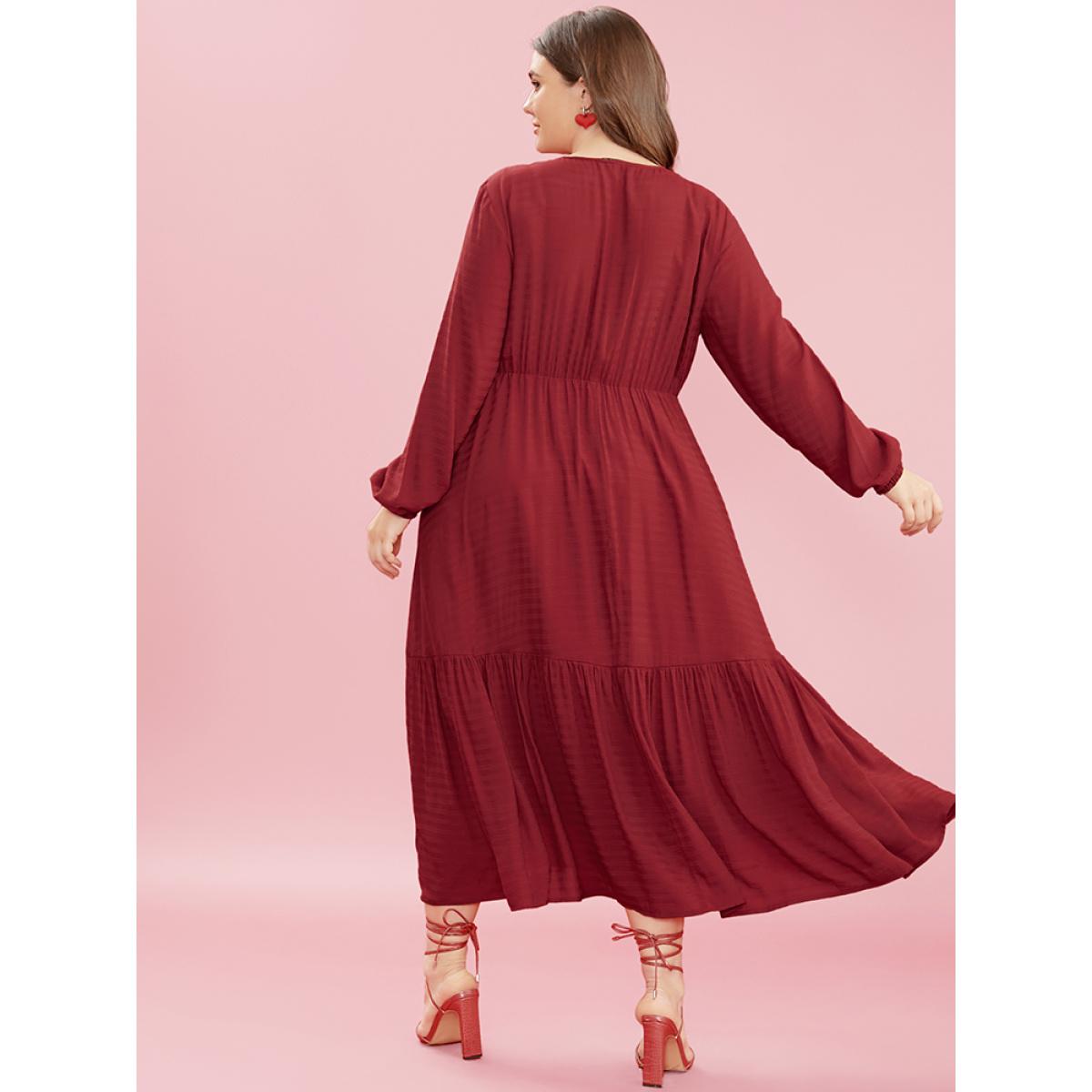 Plus Size Solid Lace Button Up Tie Neck Lantern Sleeve Pocket Flutter Dress Burgundy Women Elegant Patchwork Round Neck Long Sleeve Curvy Midi Dress BloomChic 28/5X Product Image