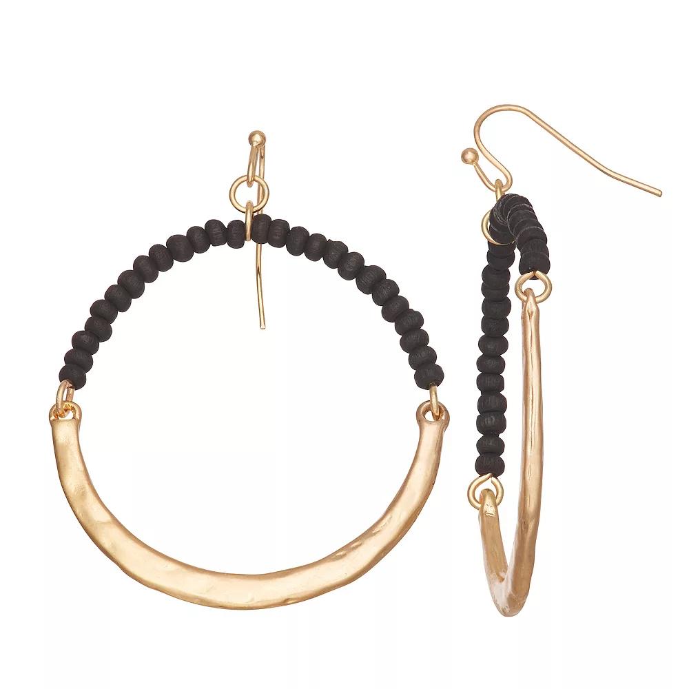 Emberly Gold Tone Wood Beaded Hoop Earrings, Women's, Black Product Image
