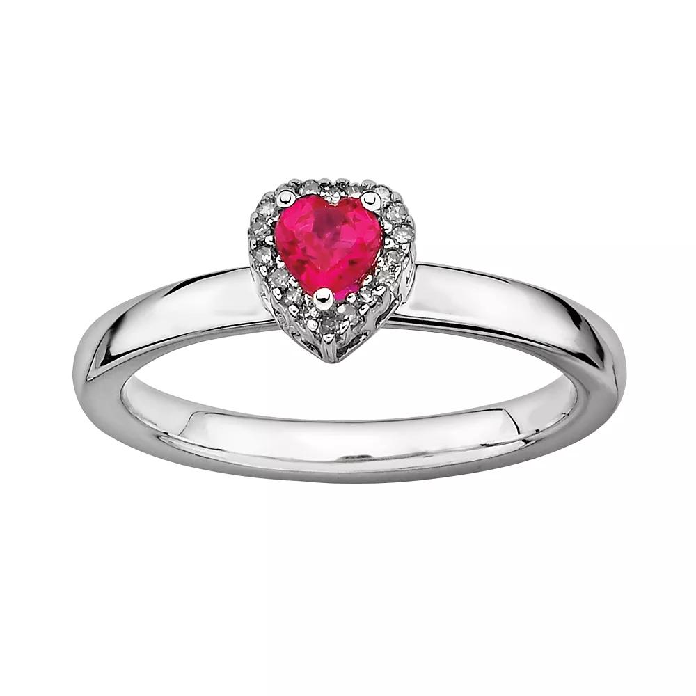 Stacks & Stones Sterling Silver Lab-Created Ruby & Diamond Accent Heart Stack Ring, Women's, Size: 10 Product Image