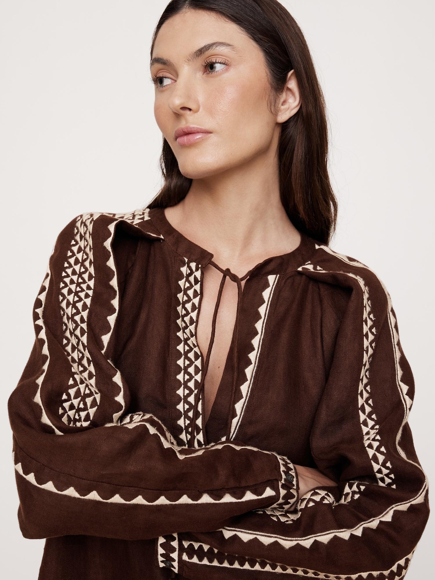 Embroidered Linen Peasant Dress Product Image