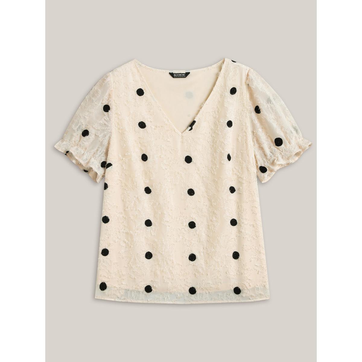 Plus Size Beige Textured Dots V-Neck Puff Sleeve Blouse Women Timeless Short sleeve V-neck Elegant Blouses BloomChic 26/4X Product Image