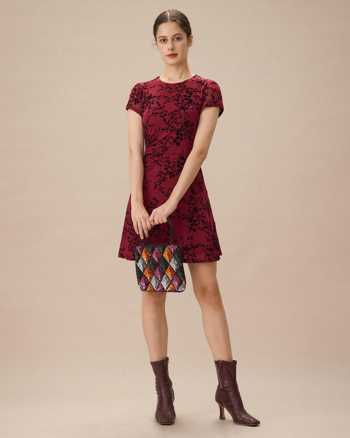 Red Floral Boat Neck Mini Dress Product Image