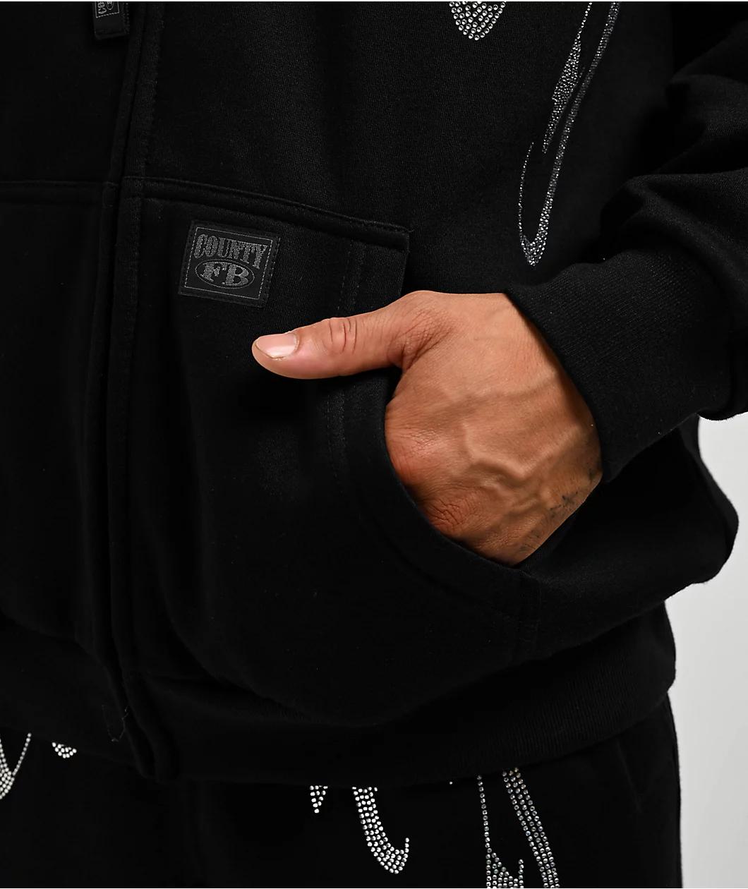 FB County Rhinestone Black Zip Hoodie Product Image