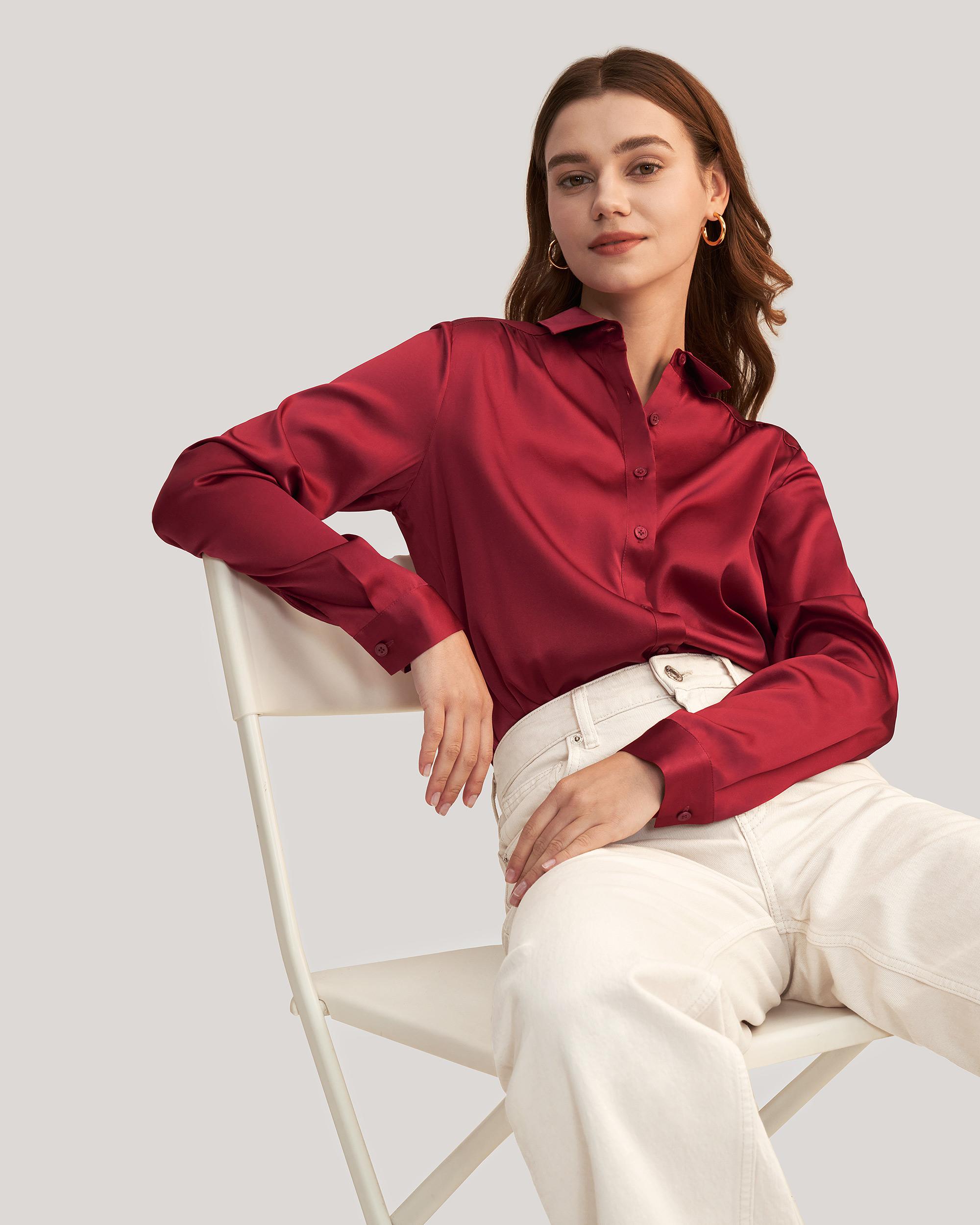 Long Sleeves Collared Silk Blouse Product Image