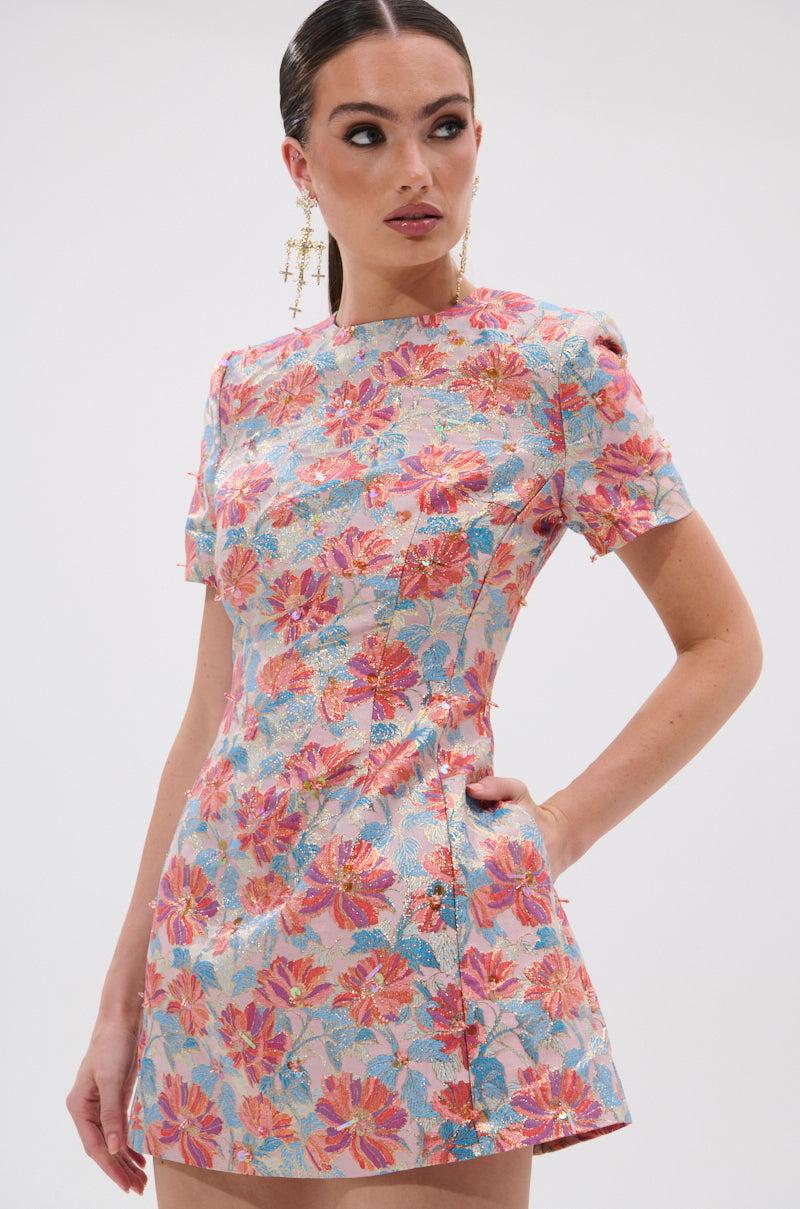 PRETTY IN PINK BROCADE BEADED MINI DRESS Product Image