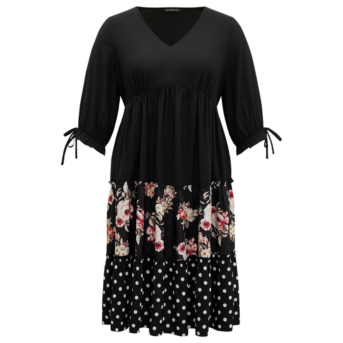 Plus Size Polka Dot Patchwork Floral Knot Pocket Lantern Sleeve Dress Black Women Casual Elastic cuffs V-neck Elbow-length sleeve Curvy Midi Dress BloomChic 12/L Product Image