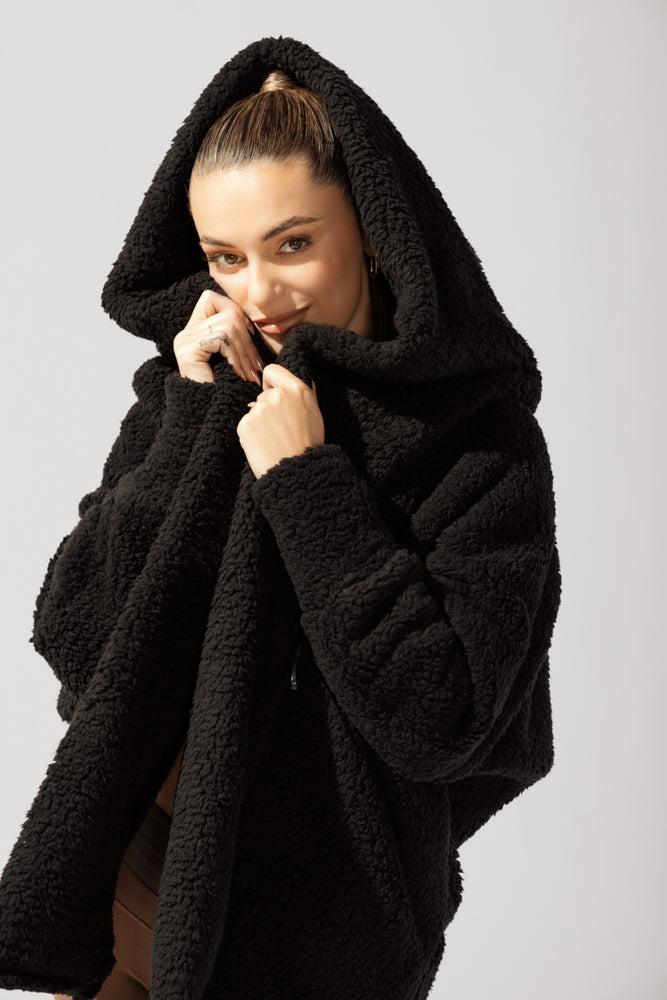 Faux Sherpa Cocoon Coat - Black Product Image