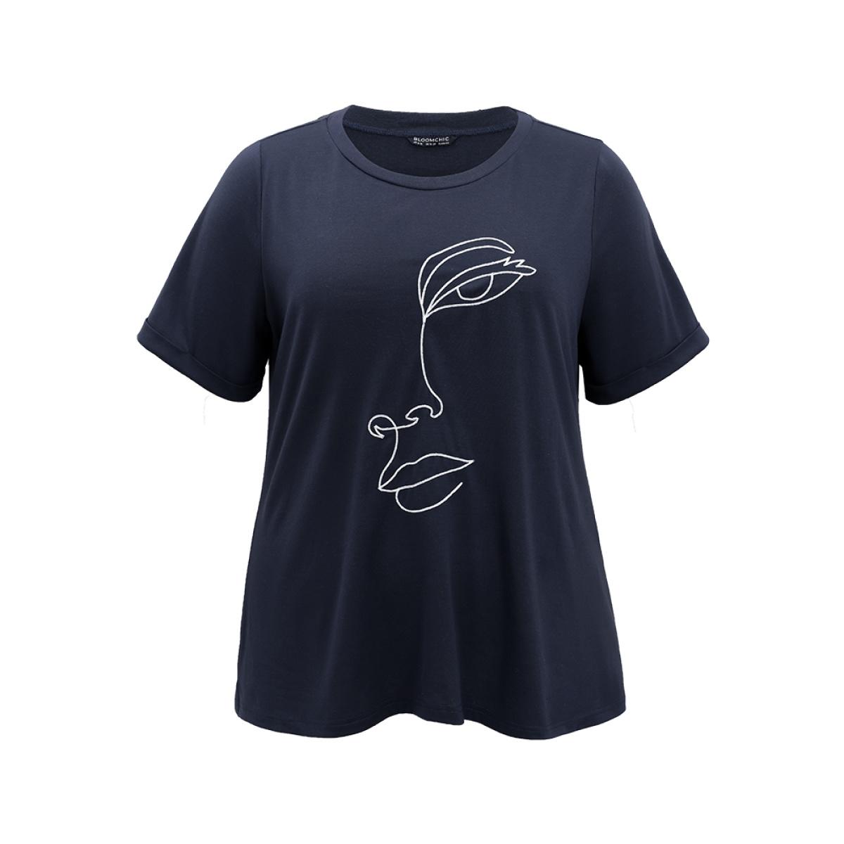 Plus Size Art & Design Embroidered Crew Neck T-shirt Indigo Women Casual Printed Art&design Dailywear T-shirts BloomChic 26/4X Product Image