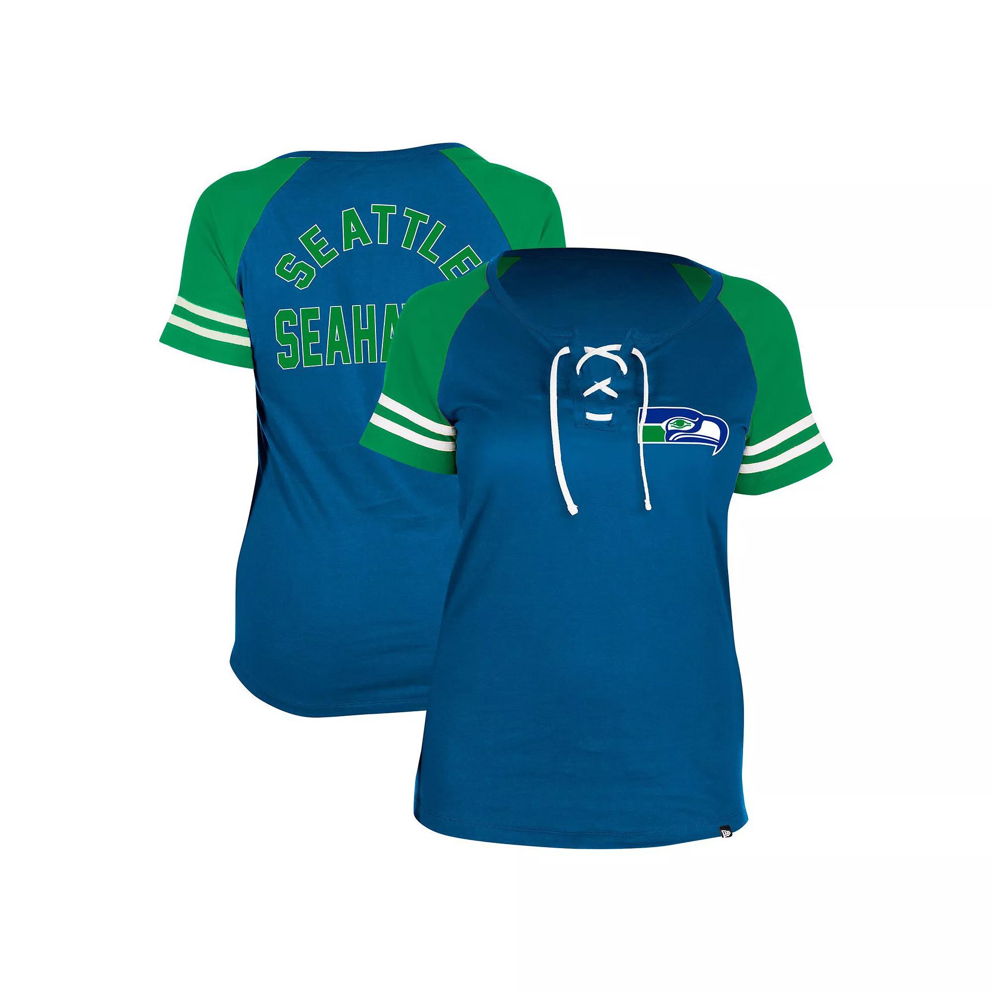 Women's New Era Royal Seattle Seahawks Throwback Lace-Up Raglan T-Shirt,  Product Image