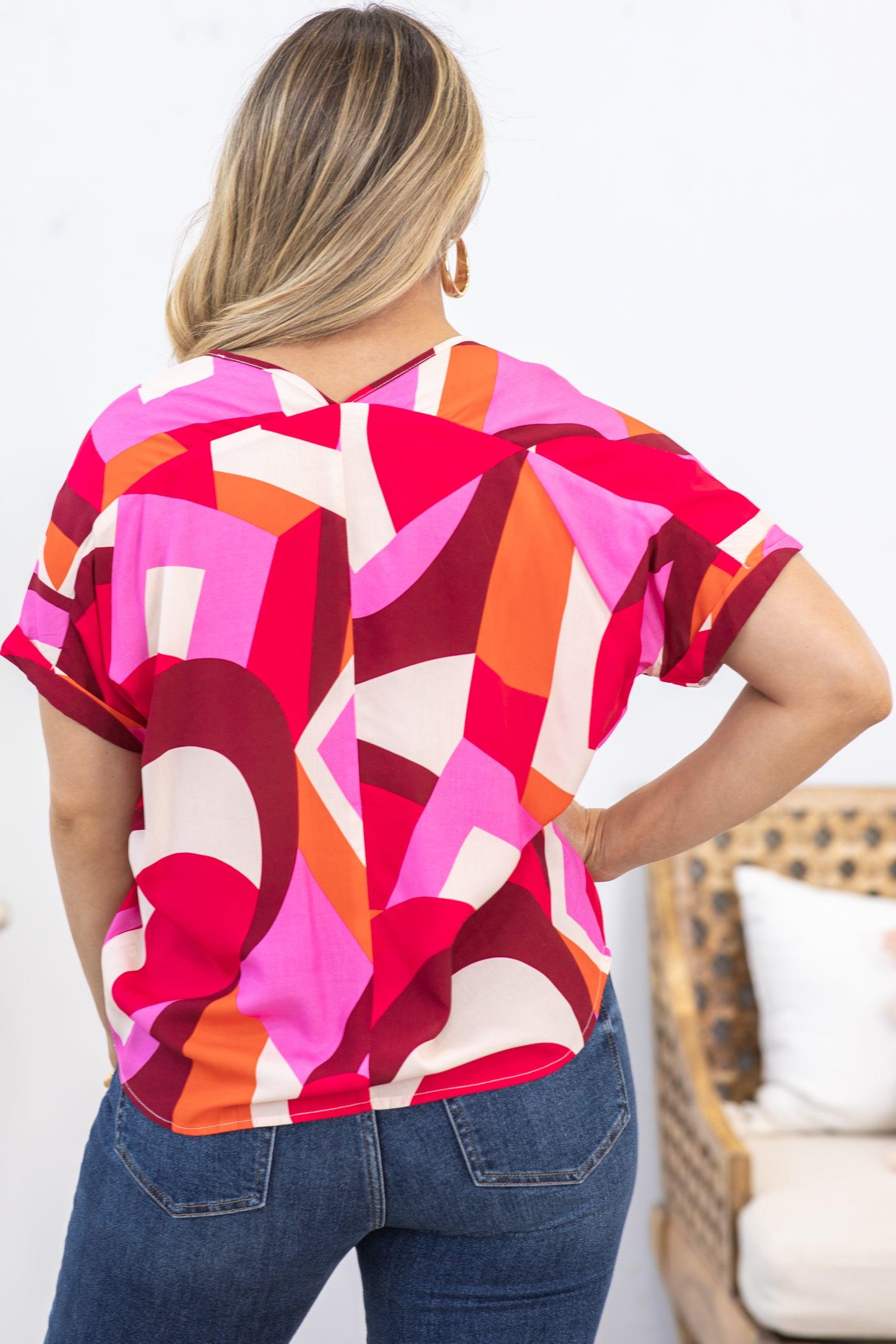 Pink and Orange Geo Print Woven Top Product Image