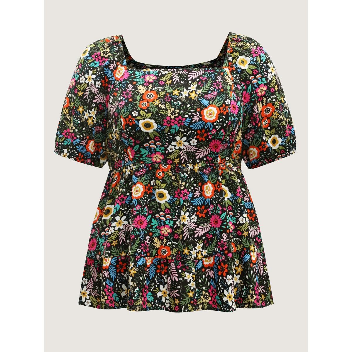 Plus Size DarkGreen Floral Square Neck Fit and Flare Blouse Women Playful Short sleeve Square Neck Vacation Blouses BloomChic 30/6X Product Image