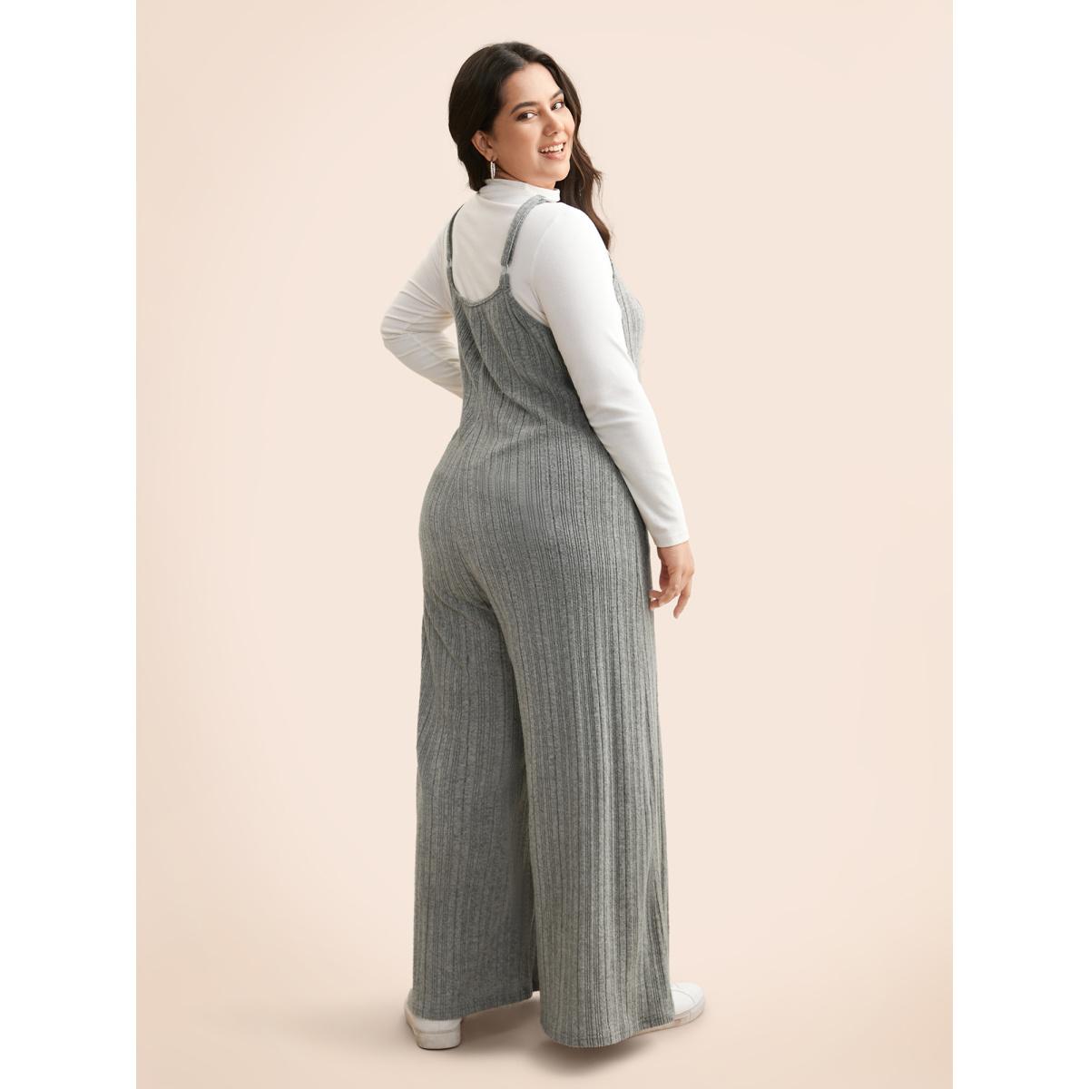 Plus Size LightGray Airy Cozy Cami Wide-Leg Jumpsuit Women Casual Sleeveless V-neck Everyday Loose Jumpsuits BloomChic 30/6X Product Image