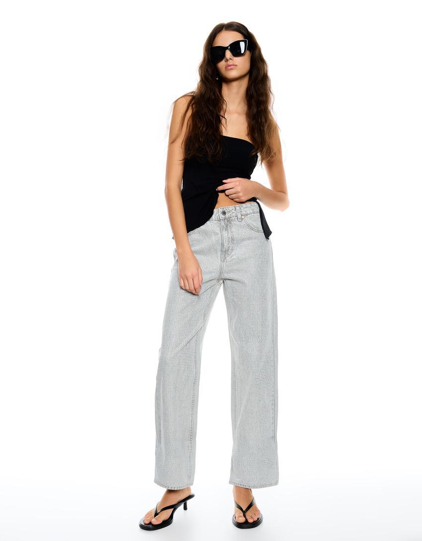 Straight cropped jeans with rhinestones Product Image
