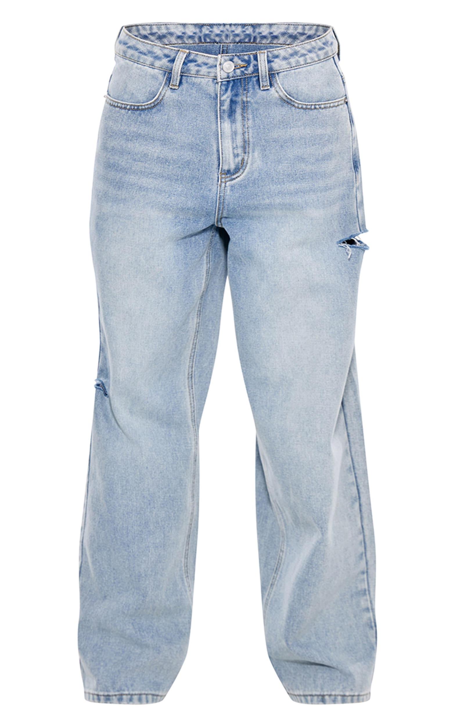Ice Blue Split Cut Out Denim Boyfriend Jeans Product Image