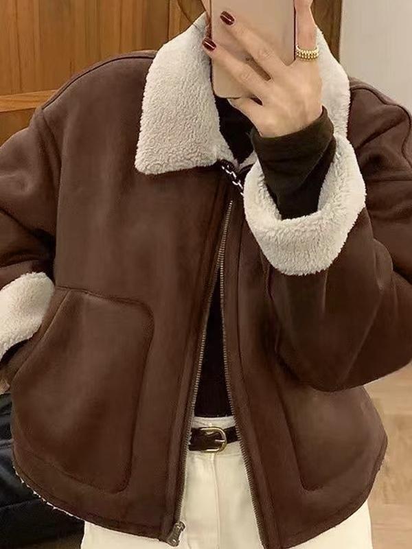 Vintage Suede Teddy Lined Lapel Neck Jacket Product Image