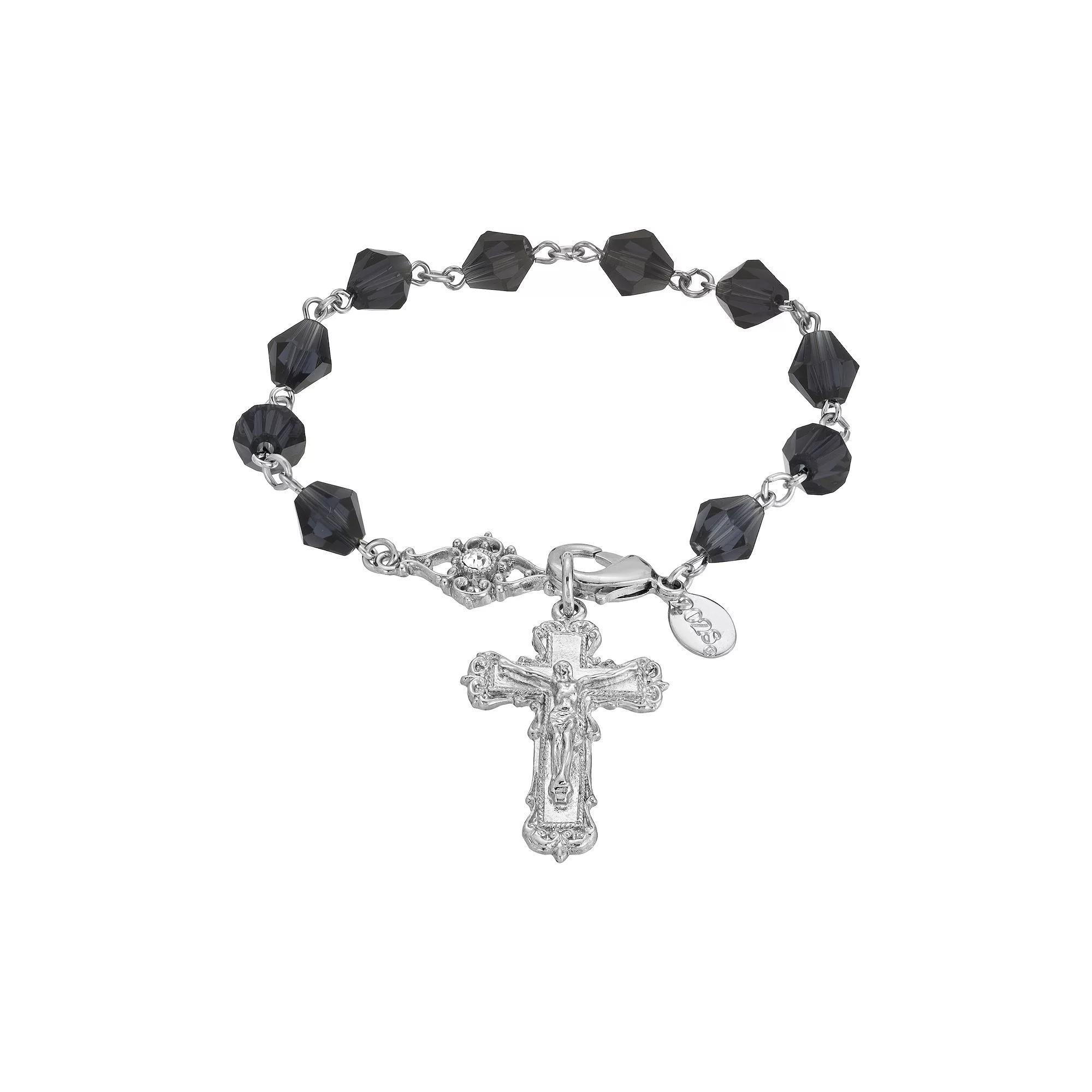 Symbols of Faith Silver-Tone Blue Crucifix Bracelet, Women's Product Image
