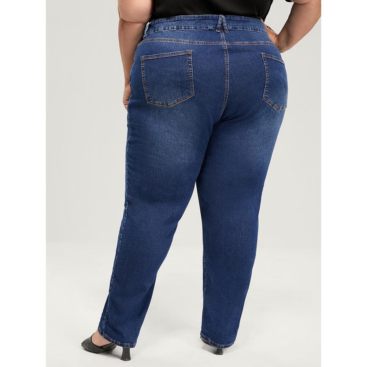 Plus Size Straight Very Stretchy High Rise Dark Wash Jeans Women DarkBlue Casual Plain Plain High stretch Pocket Jeans BloomChic 12/L Product Image