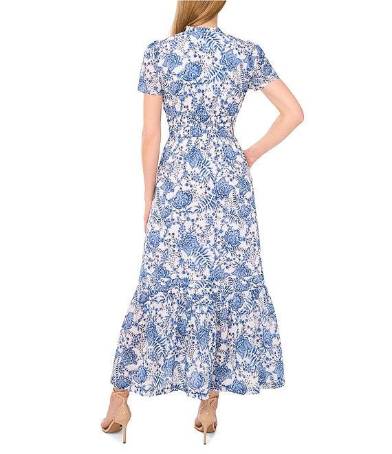 CeCe Woven Printed Split Round Neck Short Sleeve Maxi A-Line Dress Product Image