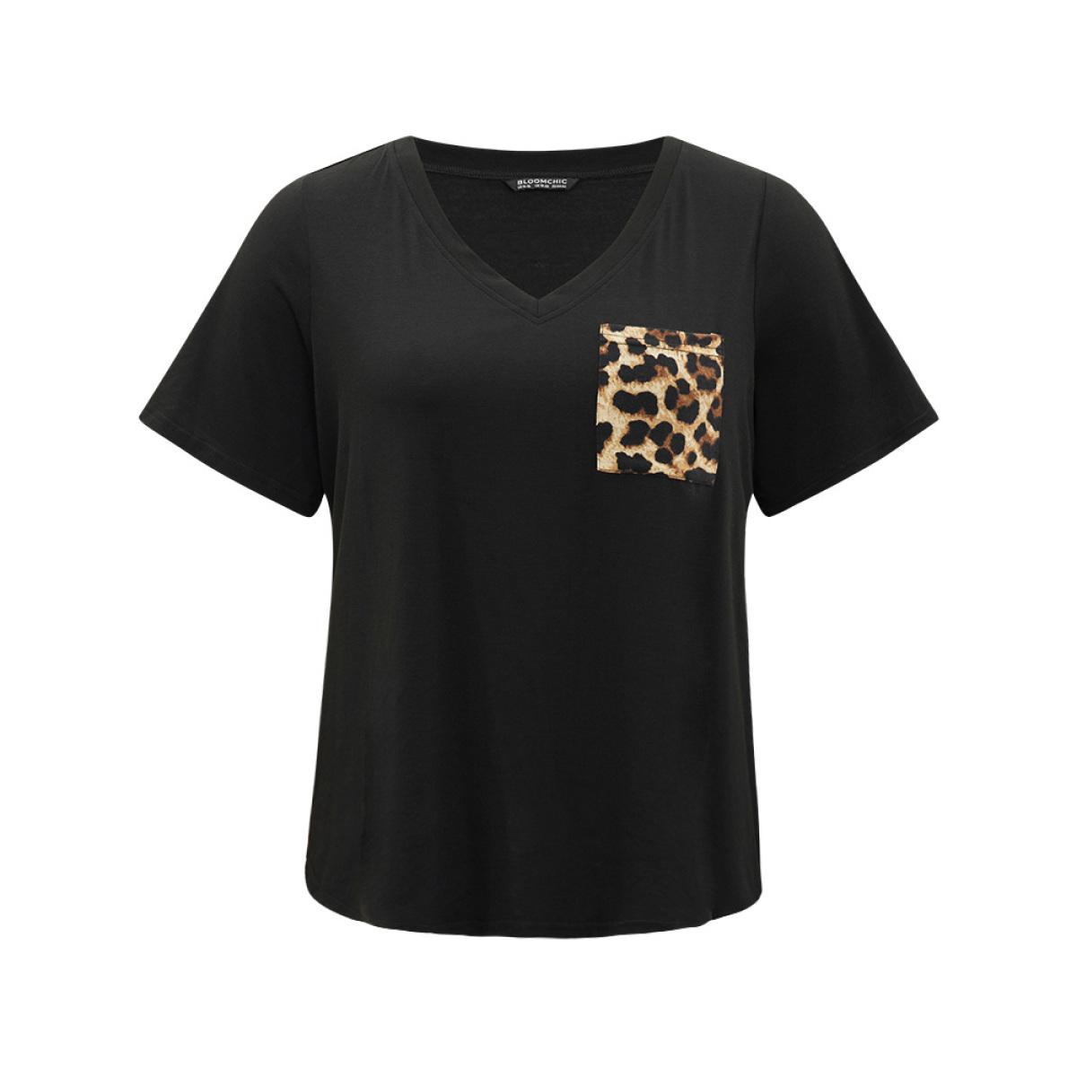 Plus Size Leopard Patchwork Patched Pocket V Neck T-shirt DimGray Women Casual Arc Hem Leopard V-neck Dailywear T-shirts BloomChic 14-16/1X Product Image