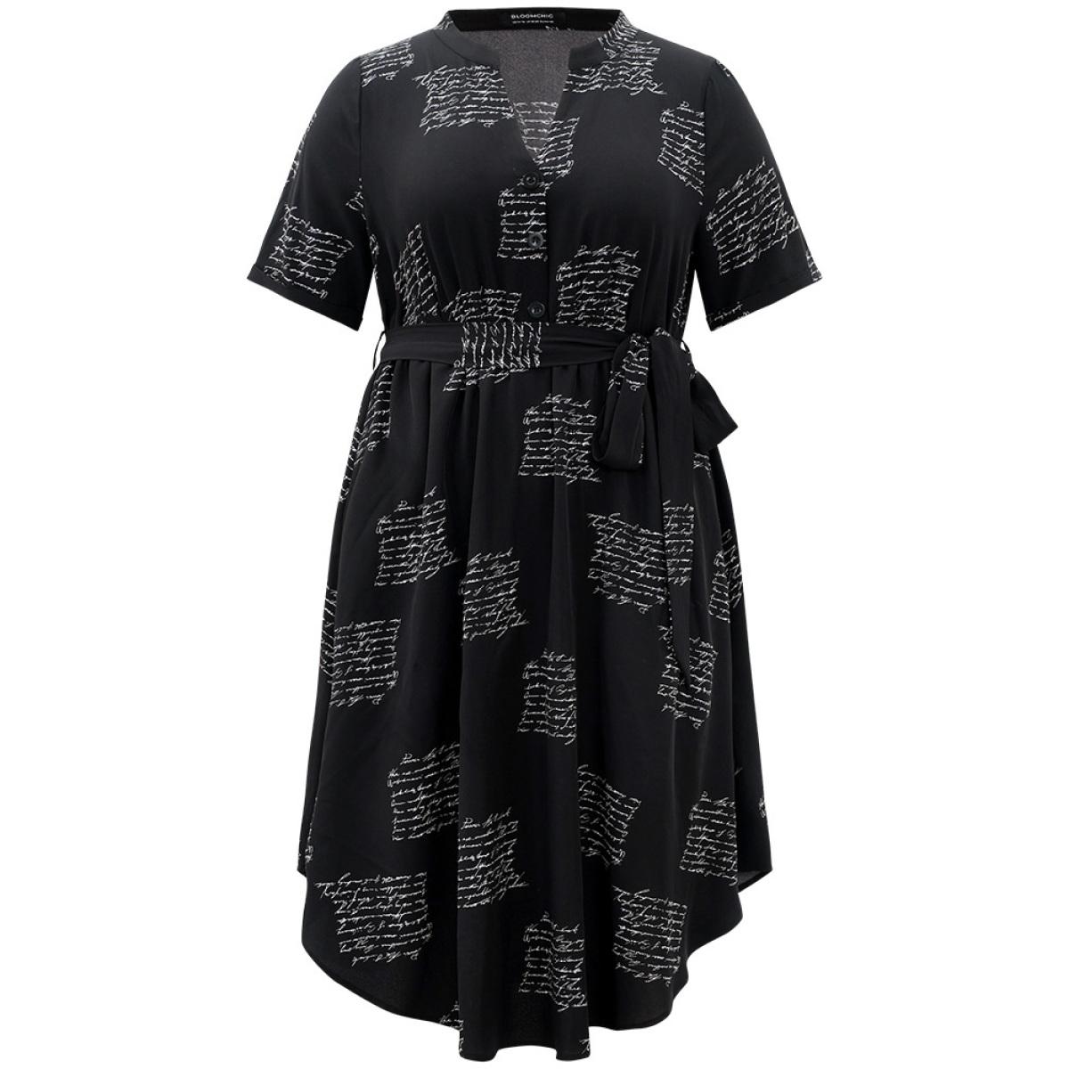 Plus Size Letter Print Notched Belted Arc Hem Dress Black Women Office Belted Mock Neck Short sleeve Curvy Midi Dress BloomChic 30/6X Product Image