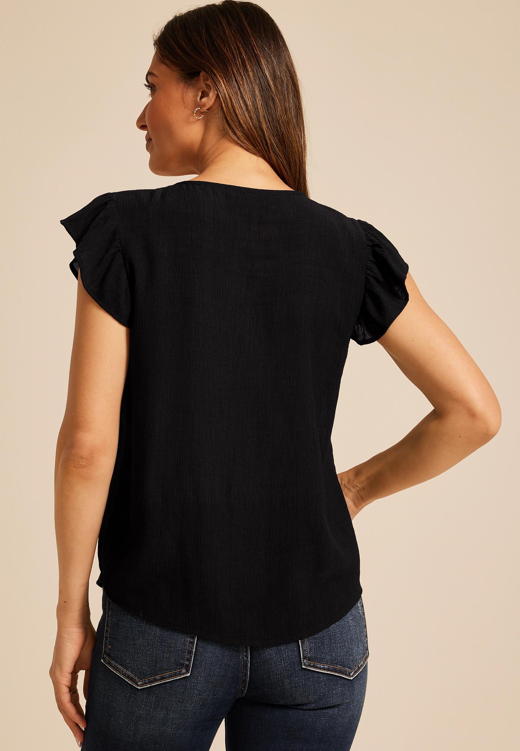 Embroidered Short Flutter Sleeve Tie Front Blouse Product Image