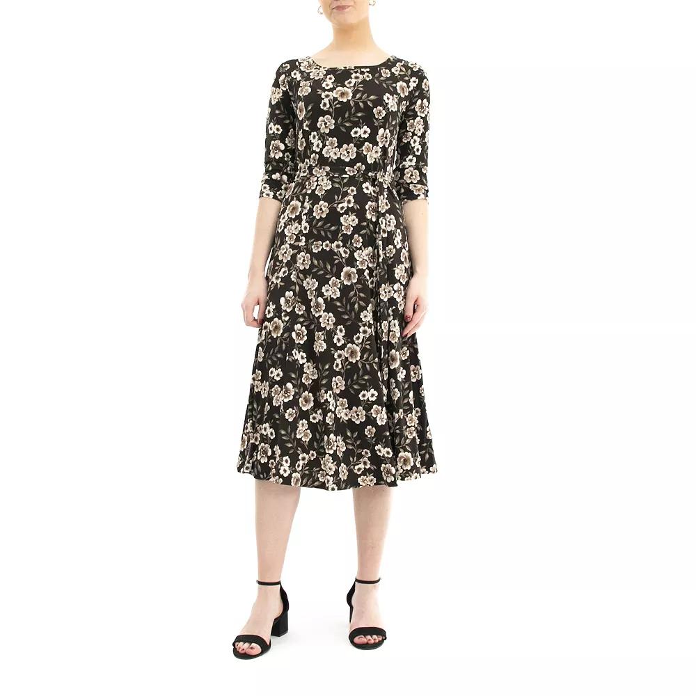 Women's Nina Leonard Belted 3/4 Sleeve Print Midi Dress,  Product Image
