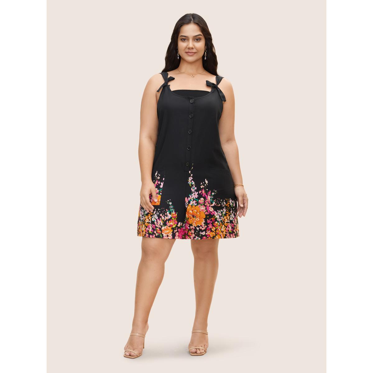 Plus Size Black Boho Print Patch Pocket Ties Jumpsuit Women Elegant Sleeveless Non Everyday Loose Jumpsuits BloomChic 14-16/1X Product Image