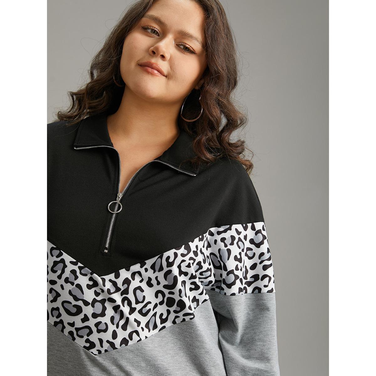 Plus Size Leopard Contrast Patchwork Half Zip Sweatshirt Women Black Casual Elastic cuffs Loose Polo Everyday Sweatshirts BloomChic 12/L Product Image