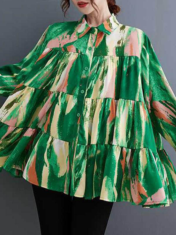 Long Sleeves Loose Pleated Printed Split-Joint Lapel Blouses Product Image