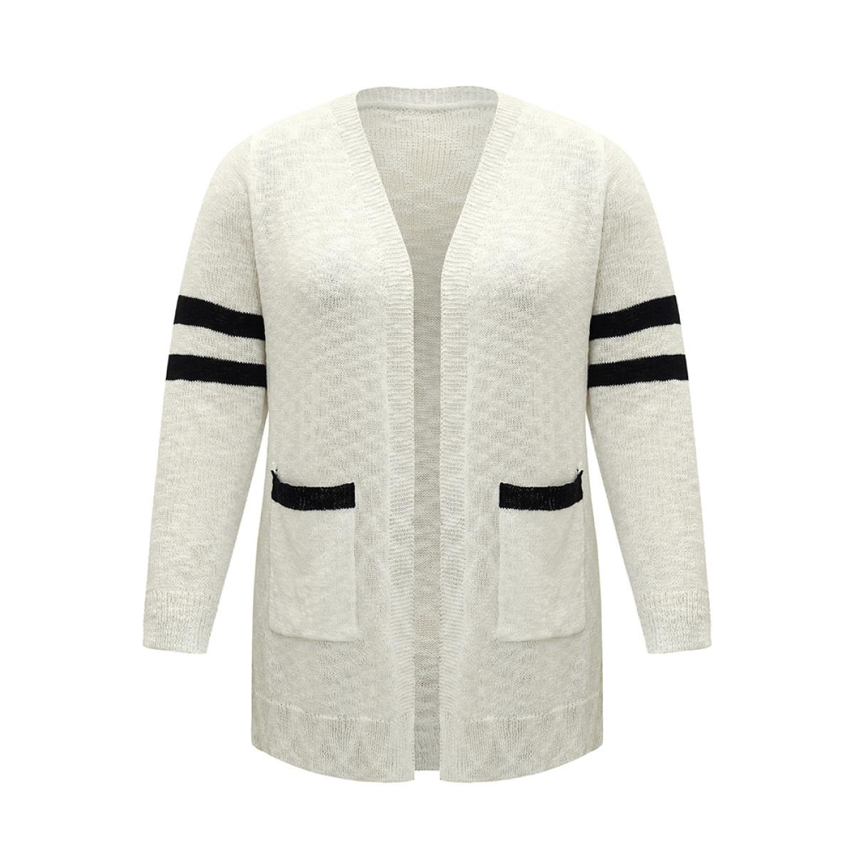 Plus Size Contrast Patched Pocket Open Front Cardigan White Women Casual Loose Long Sleeve Everyday Cardigans BloomChic 12/L Product Image